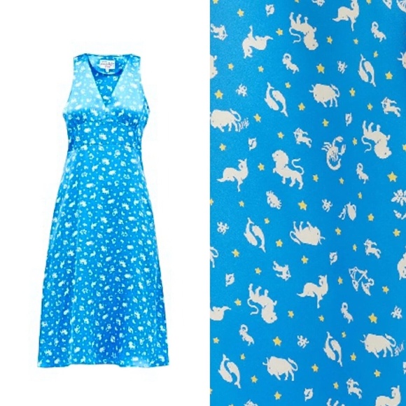 ✨RARE✨ HVN 100% Silk Astrology Zodiac Print V Neck Slip Dress in Blue - Picture 9 of 9